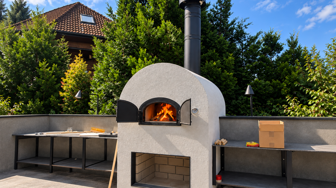 Outdoor-Pizzaofen mit loderndem Feuer